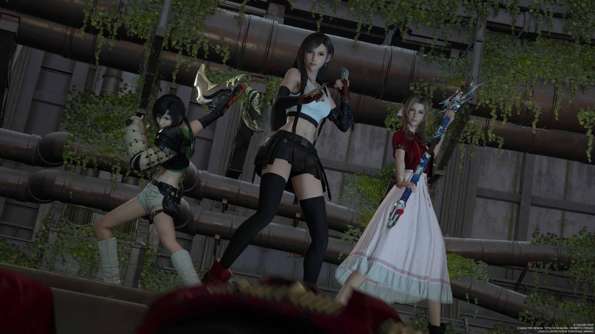 Screenshot of Final Fantasy VII: Rebirth, featuring Tifa, Aerith and Yuffie.